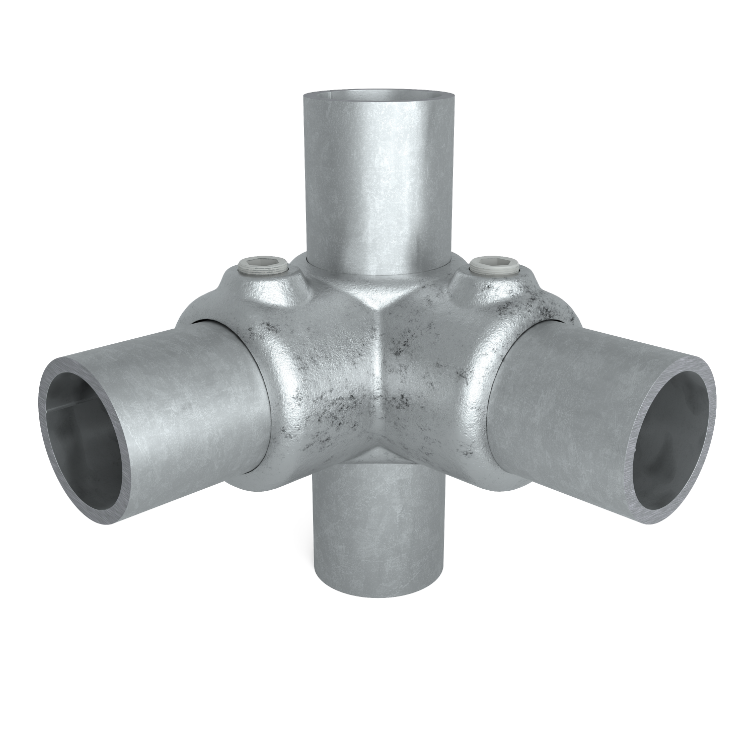 Buiskoppeling Hoekstuk 90º 42,4 mm - vooraanzicht met buizen (Steigerbuisstunter.nl)
