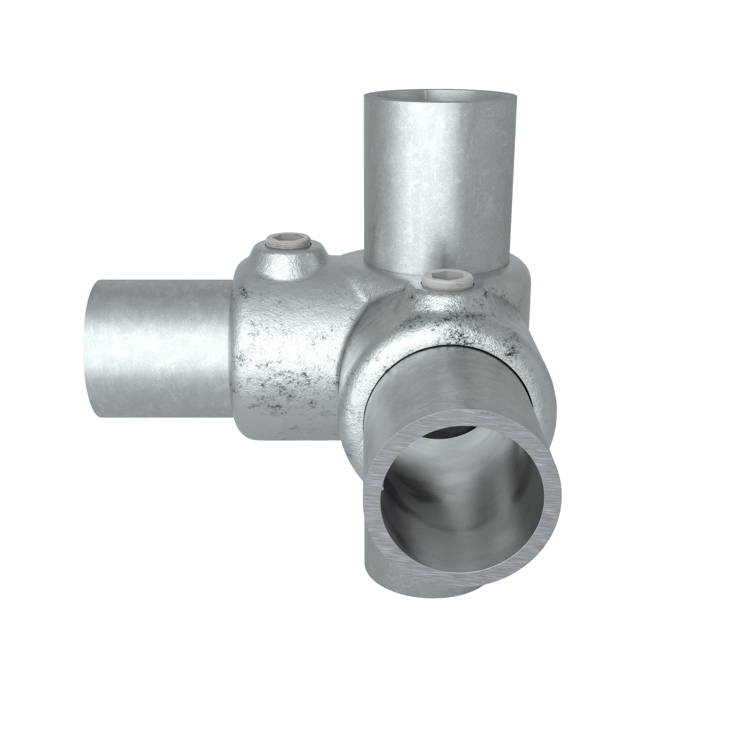 Buiskoppeling Hoekstuk 90º 60,3 mm - schuin aanzicht met buizen (Steigerbuisstunter.nl)