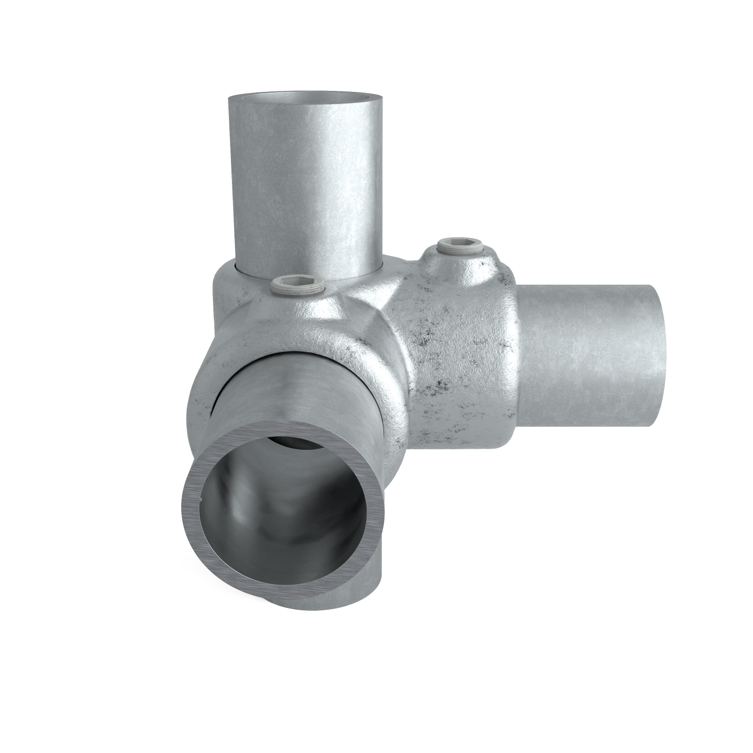 Buiskoppeling Hoekstuk 90º 33,7 mm - zijaanzicht met buizen (Steigerbuisstunter.nl)