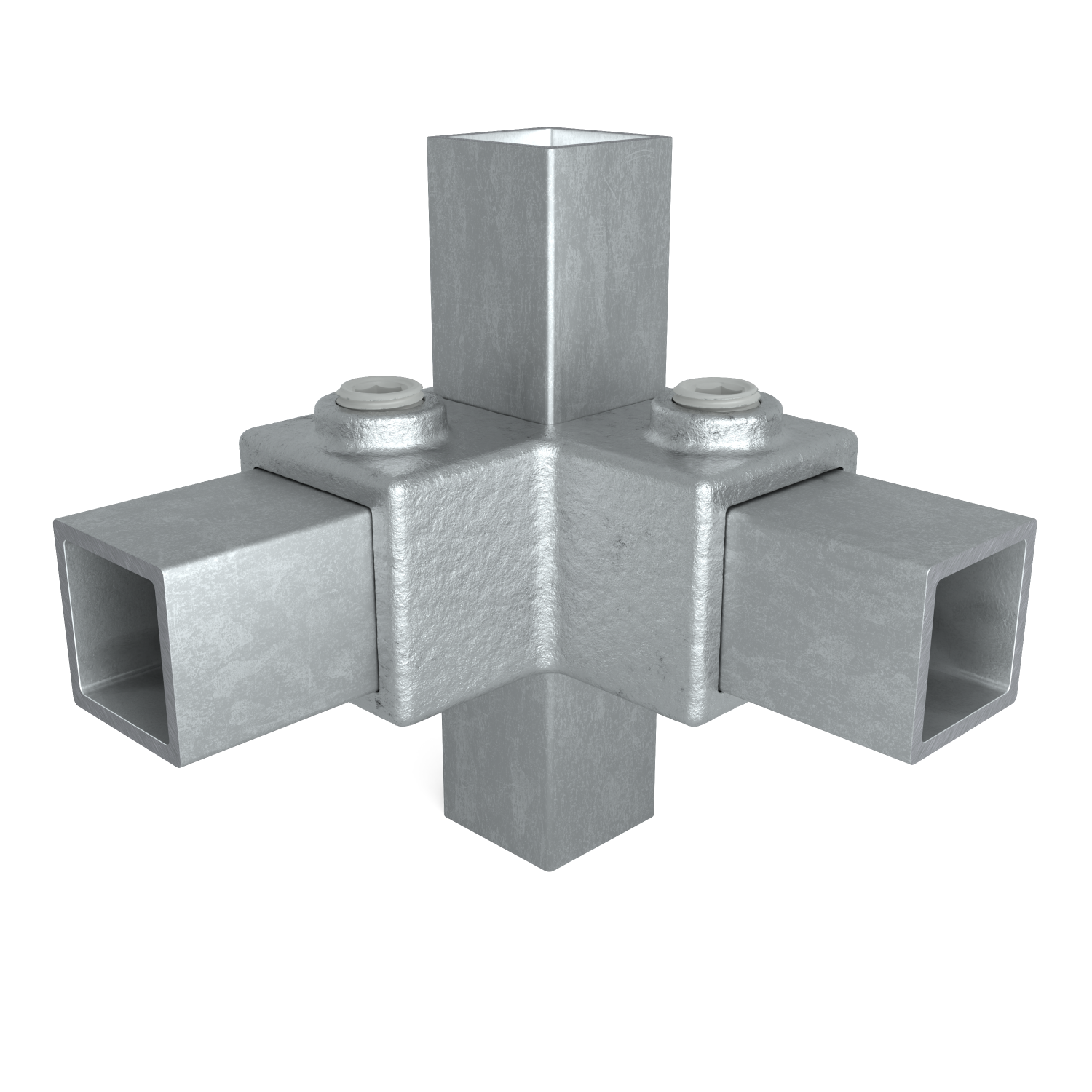 Buiskoppeling Hoekstuk 90º 25 mm vierkant - vooraanzicht met buizen (Steigerbuisstunter.nl)