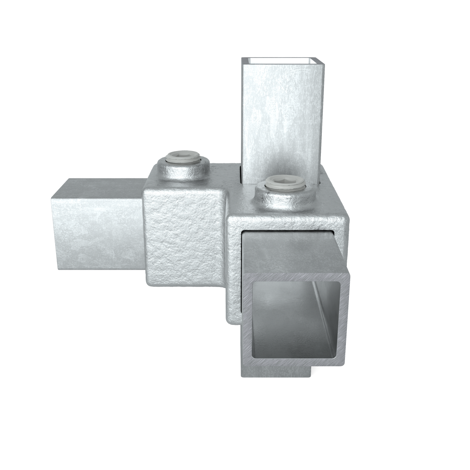 Buiskoppeling Hoekstuk 90º 25 mm vierkant - schuin aanzicht met buizen (Steigerbuisstunter.nl)