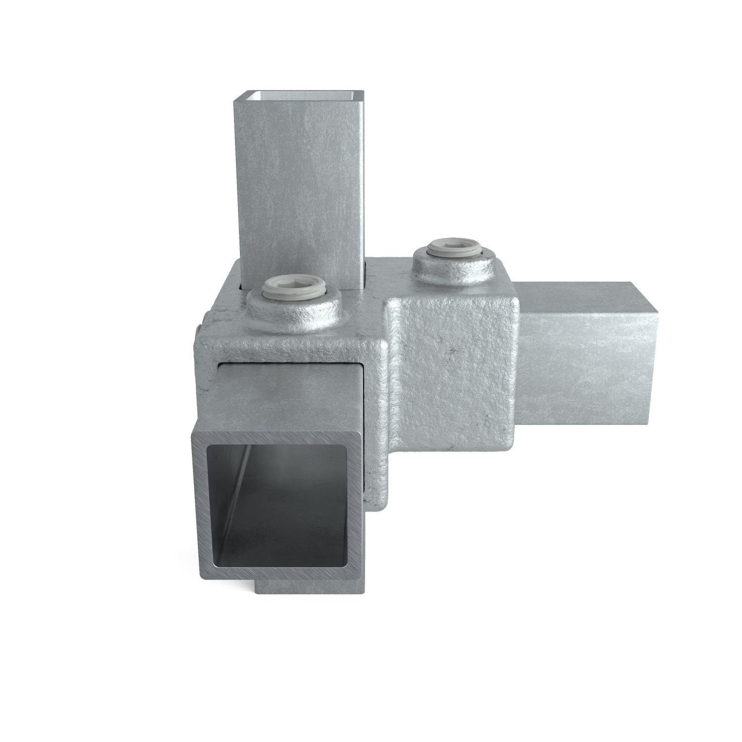 Buiskoppeling Hoekstuk 90º 25 mm vierkant - zijaanzicht met buizen (Steigerbuisstunter.nl)