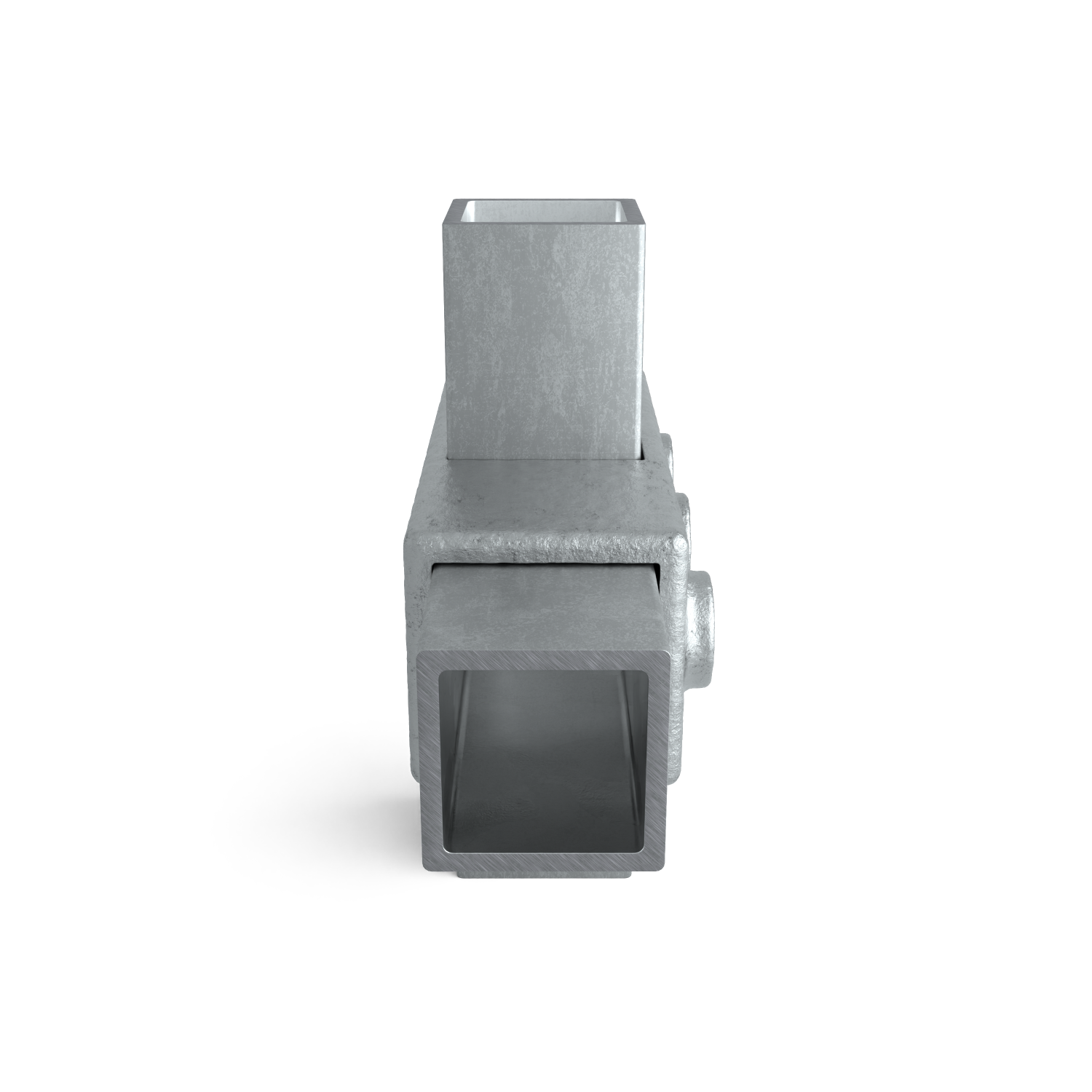 Buiskoppeling Kruisstuk 1-vlak 40 mm vierkant - zijaanzicht met buizen (Steigerbuisstunter.nl)