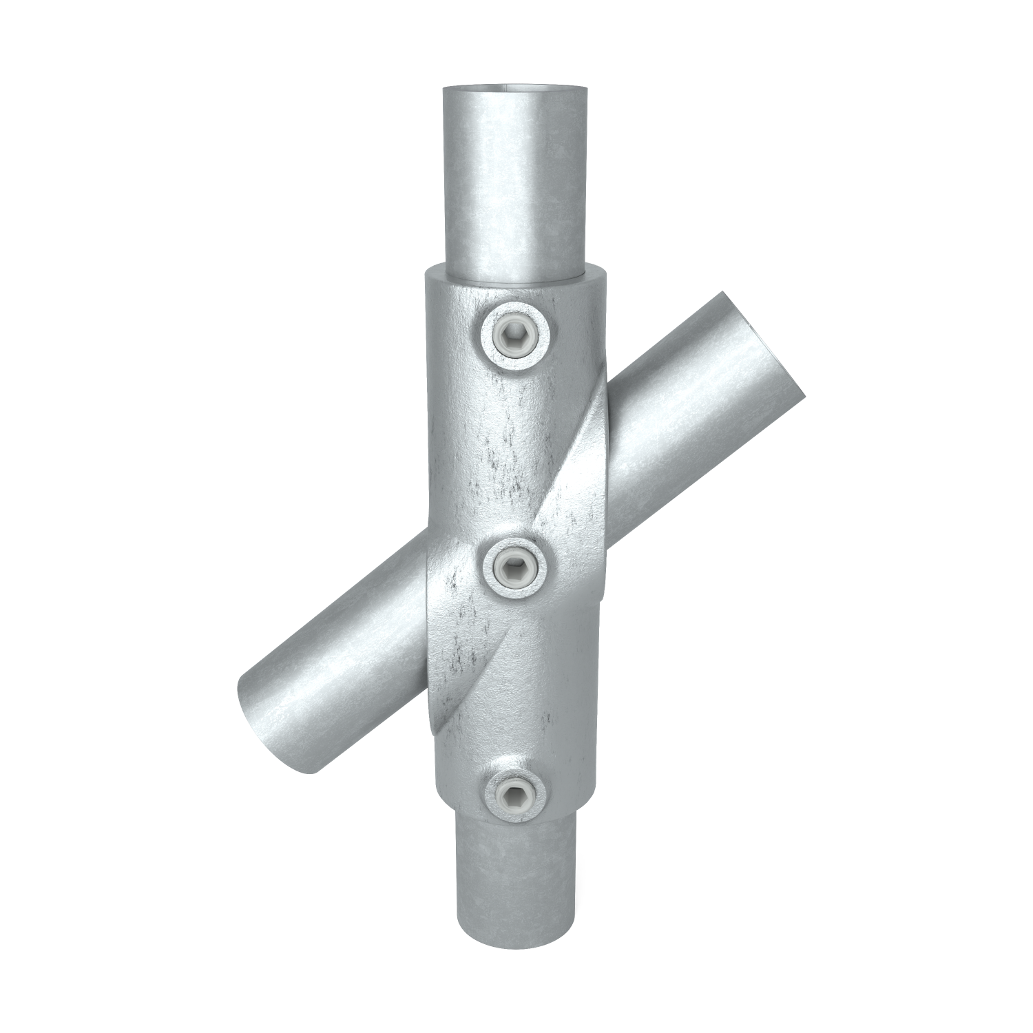 Buiskoppeling Kruisstuk 45º - 60º 42,4 mm - vooraanzicht met buizen (Steigerbuisstunter.nl)