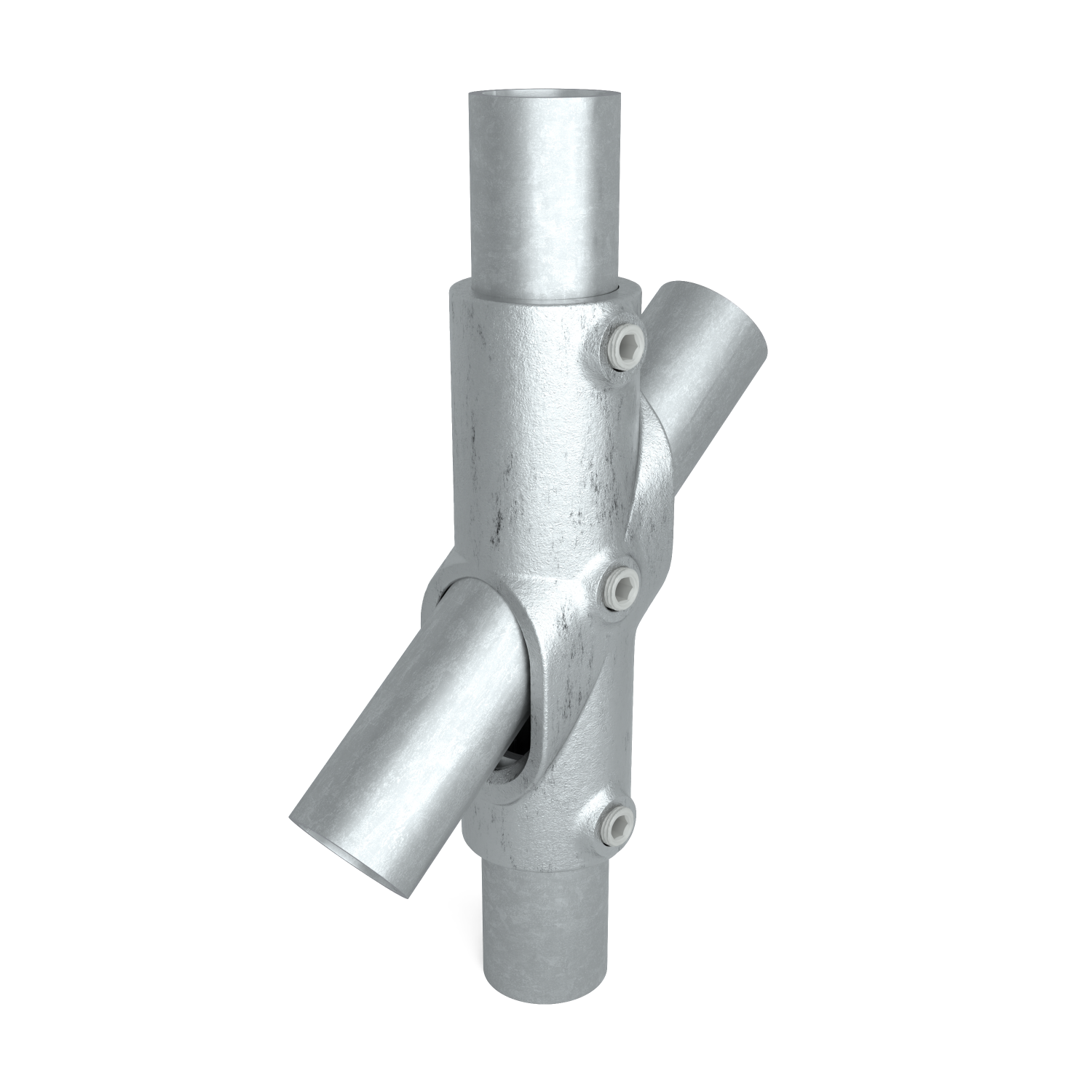 Buiskoppeling Kruisstuk 45º - 60º 48,3 mm - schuin aanzicht met buizen (Steigerbuisstunter.nl)