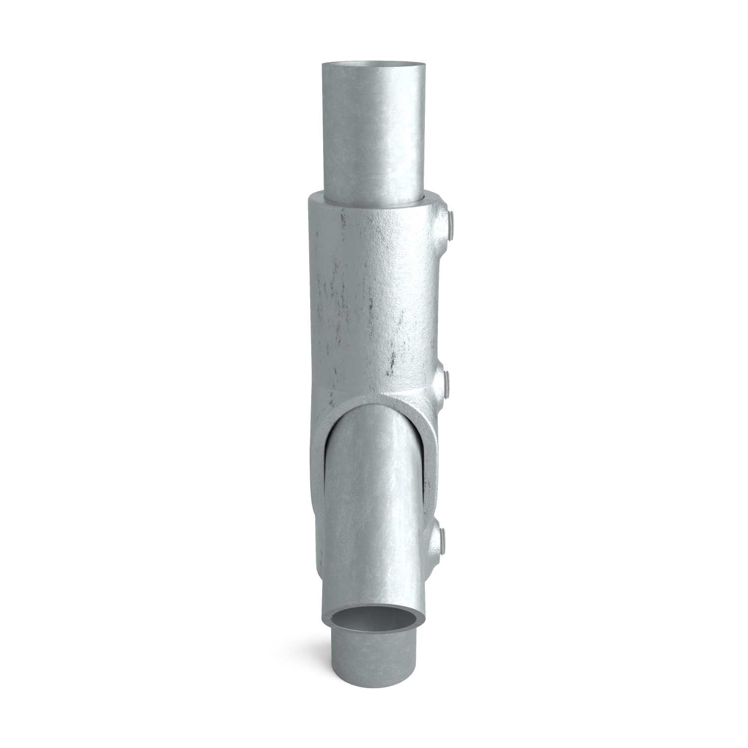 Buiskoppeling Kruisstuk 45º - 60º 33,7 mm - zijaanzicht met buizen (Steigerbuisstunter.nl)
