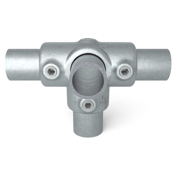 Buiskoppeling T-stuk zij-uitgang 33,7 mm - vooraanzicht met buizen (Steigerbuisstunter.nl)