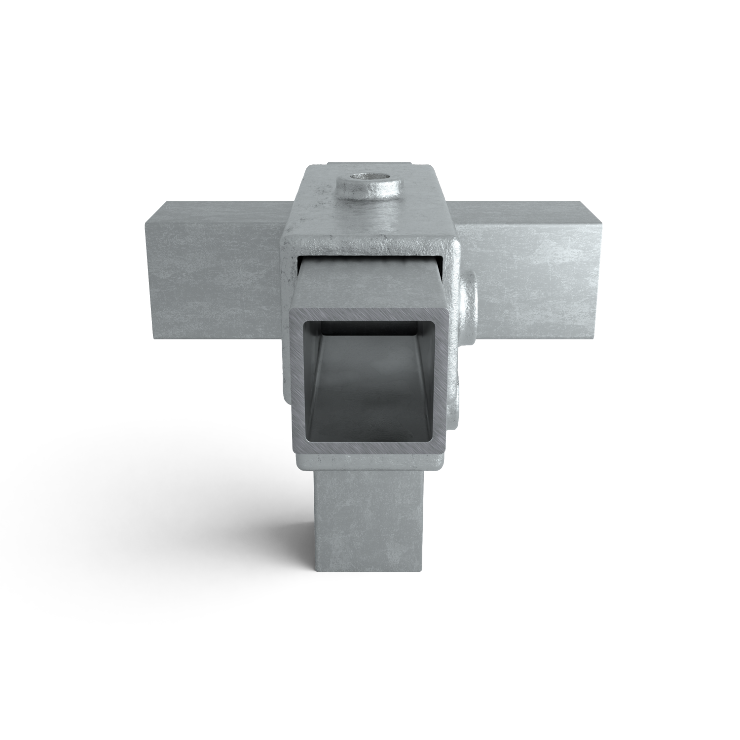 Buiskoppeling T-stuk zij-uitgang 40 mm vierkant - zijaanzicht met buizen (Steigerbuisstunter.nl)