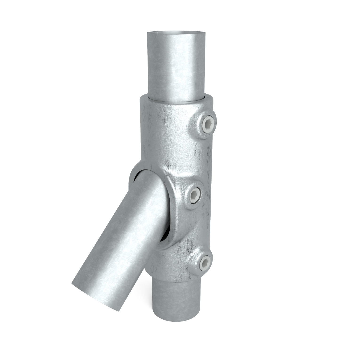 Buiskoppeling T-stuk lang 45° - 60° 42,4 mm - schuin aanzicht met buizen (Steigerbuisstunter.nl)