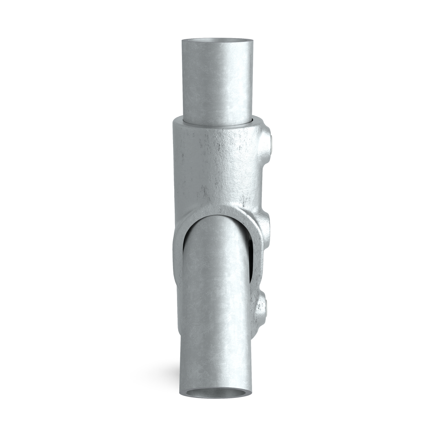 Buiskoppeling T-stuk lang 45° - 60° 42,4 mm - zijaanzicht met buizen (Steigerbuisstunter.nl)