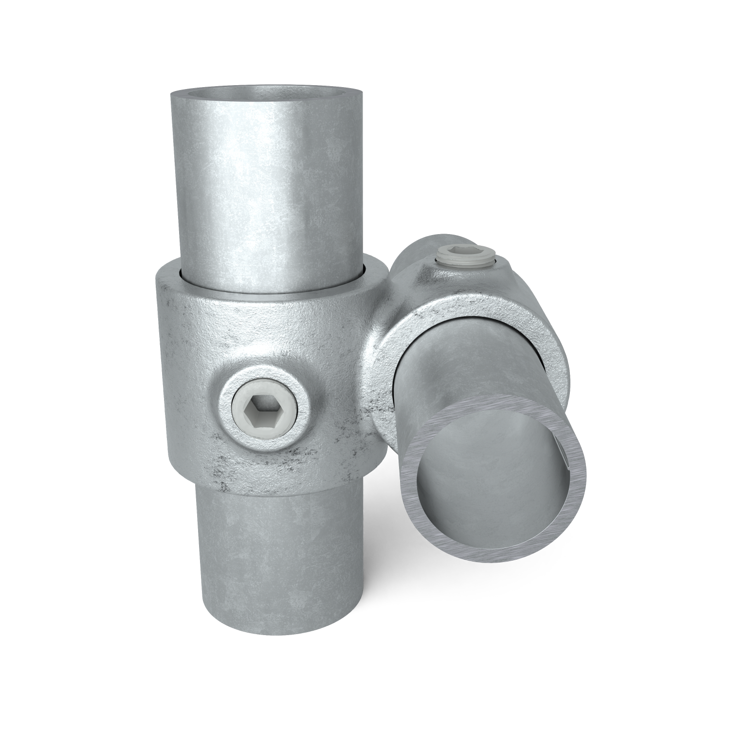 Buiskoppeling Kruisstuk 90º verloop 26,9 - 33,7 mm - vooraanzicht met buizen (Steigerbuisstunter.nl)