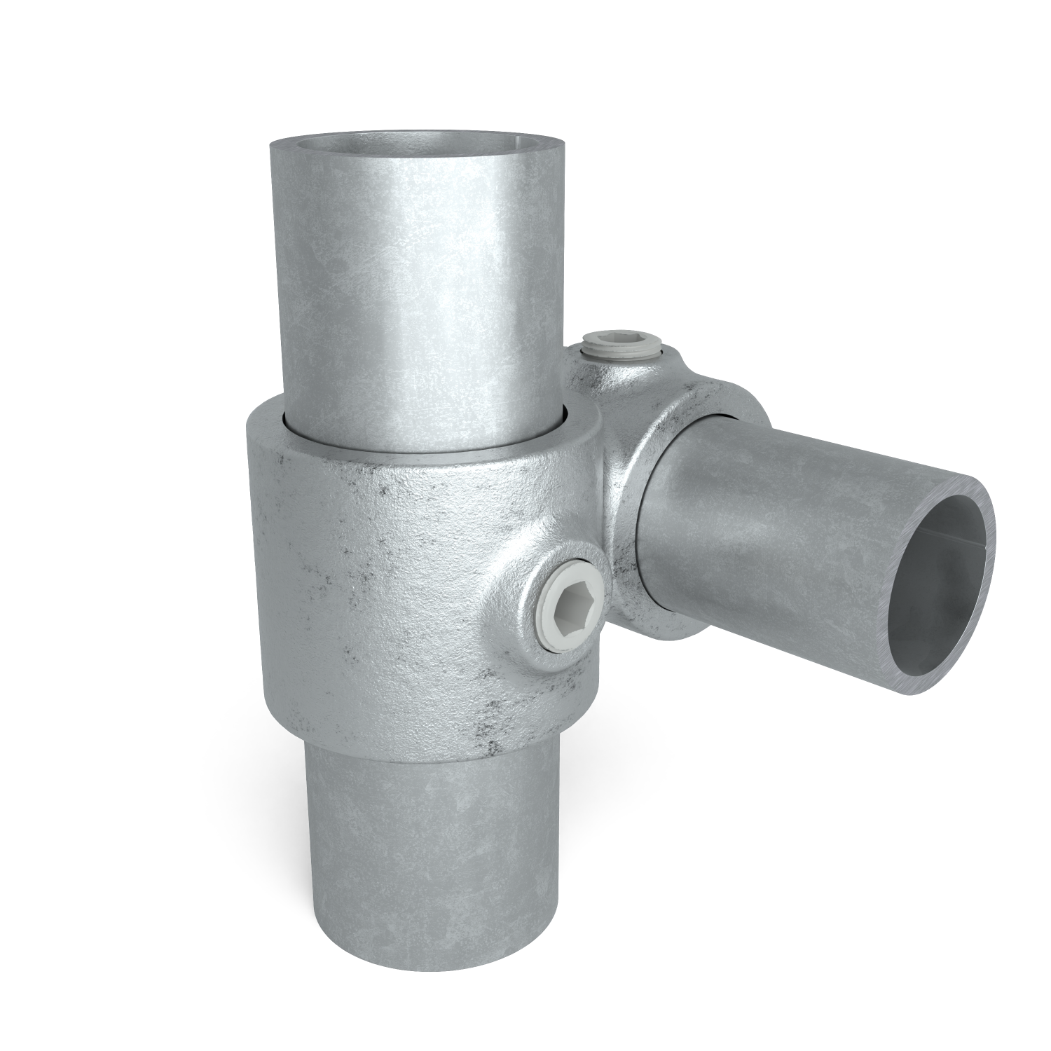 Buiskoppeling Kruisstuk 90º verloop 26,9 - 33,7 mm - schuin aanzicht met buizen (Steigerbuisstunter.nl)