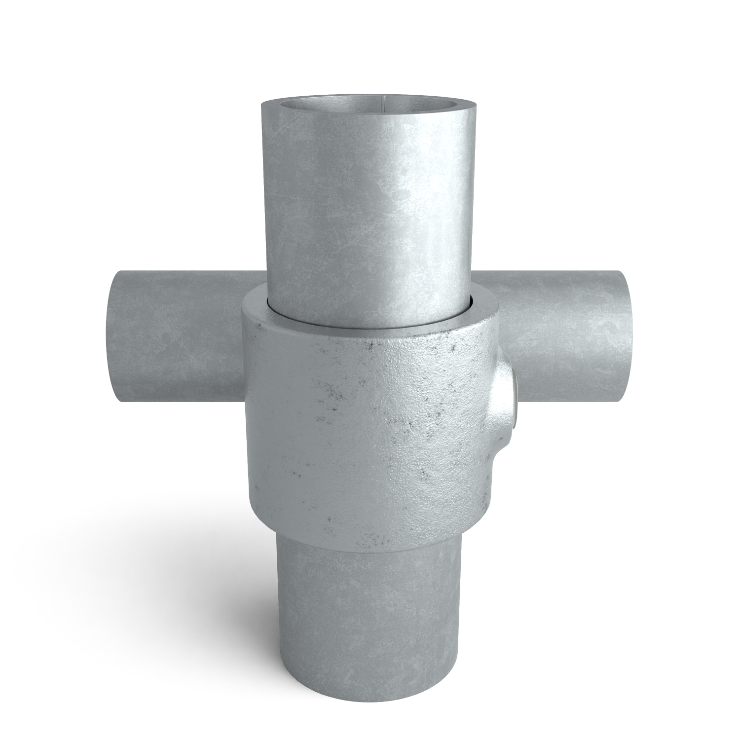 Buiskoppeling Kruisstuk 90º verloop 33,7 - 48,3 mm - zijaanzicht met buizen (Steigerbuisstunter.nl)