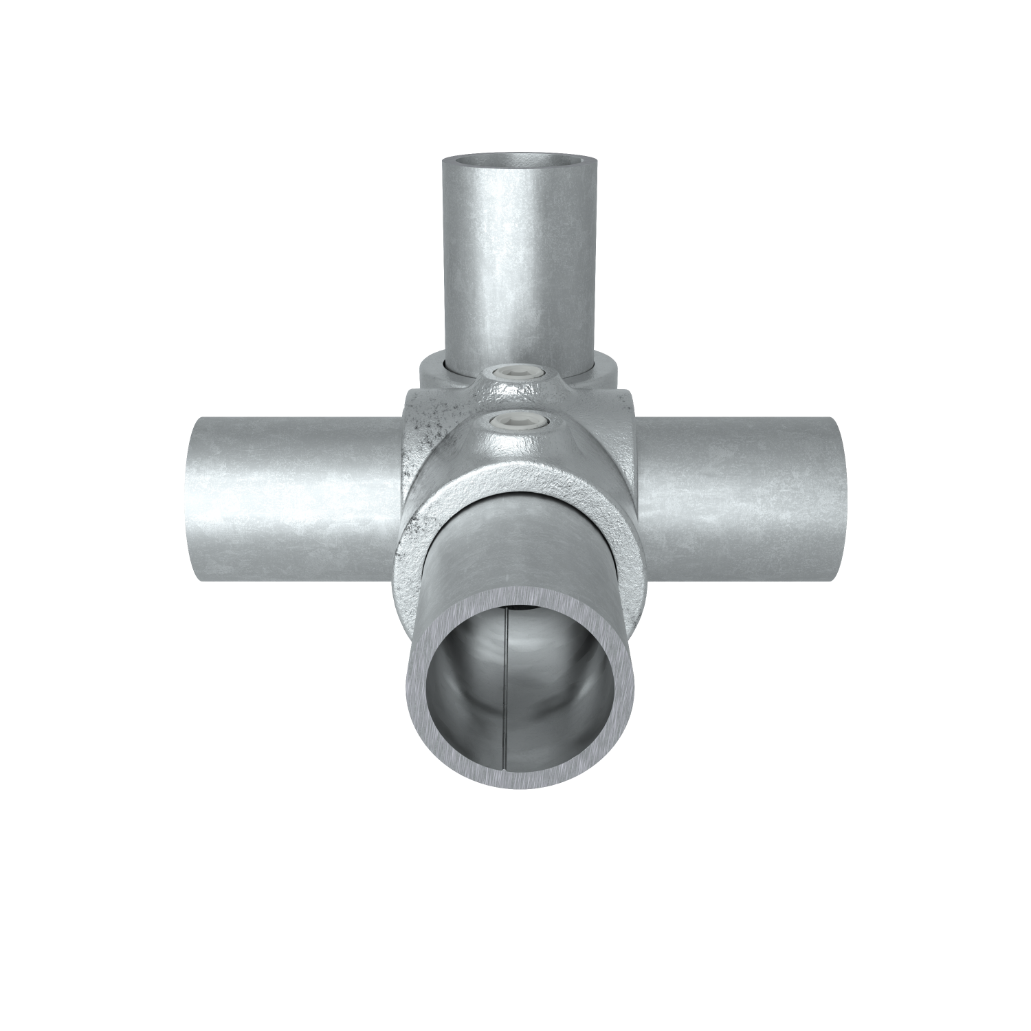 Buiskoppeling Combi T-Kruisstuk 48,3 mm - zijaanzicht met buizen (Steigerbuisstunter.nl)