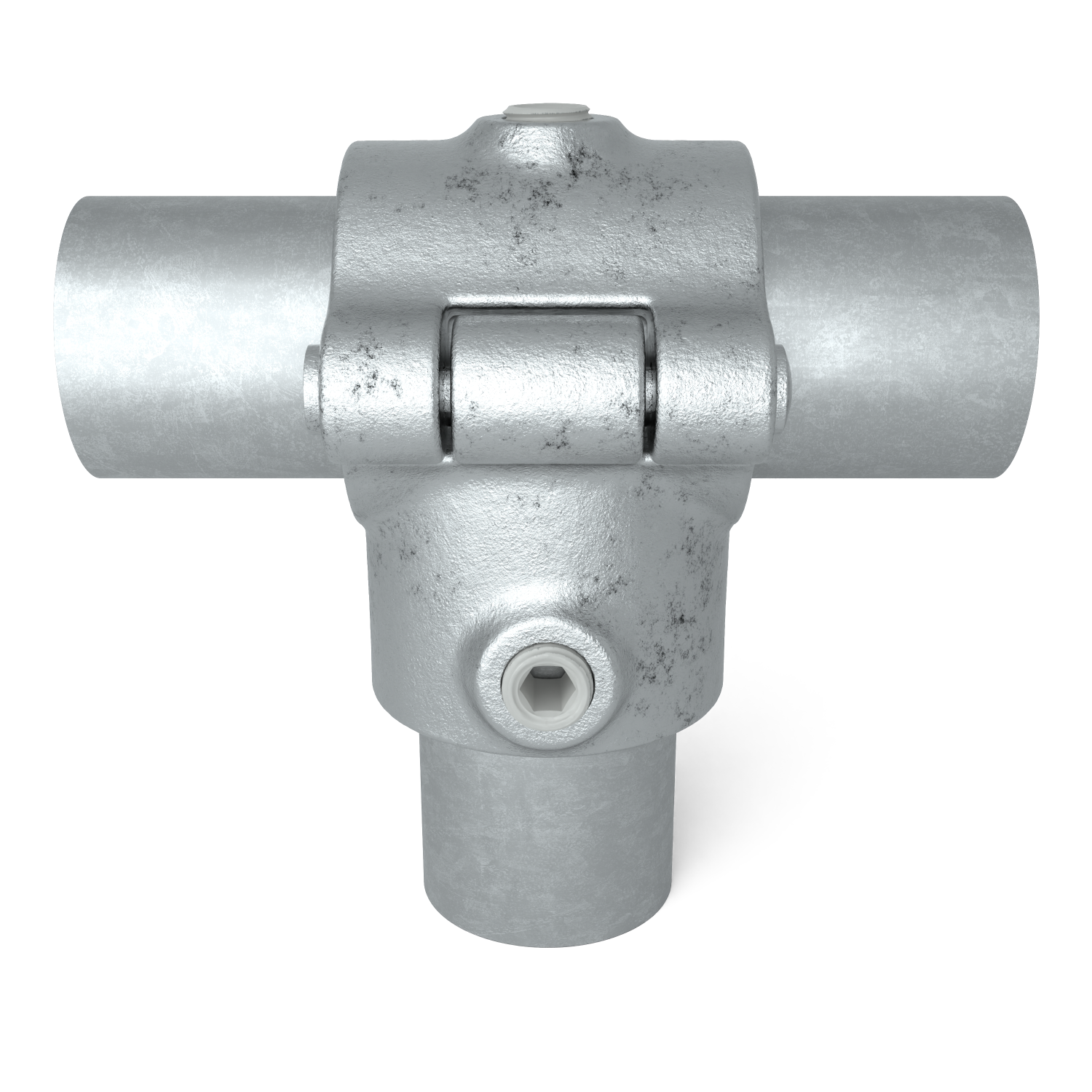 Buiskoppeling T-stuk klapbaar 48,3 mm - vooraanzicht met buizen (Steigerbuisstunter.nl)