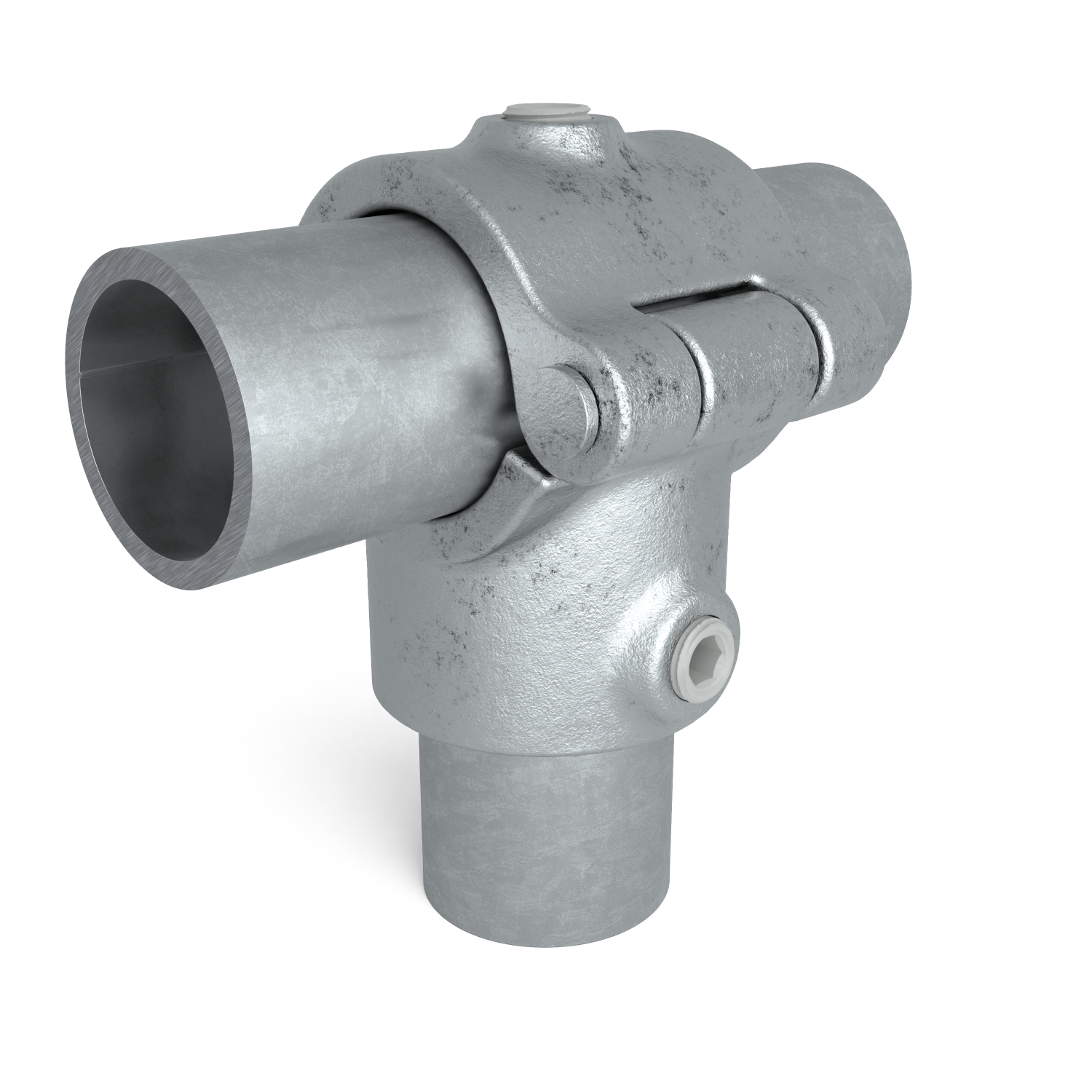 Buiskoppeling T-stuk klapbaar 48,3 mm - schuin aanzicht met buizen (Steigerbuisstunter.nl)