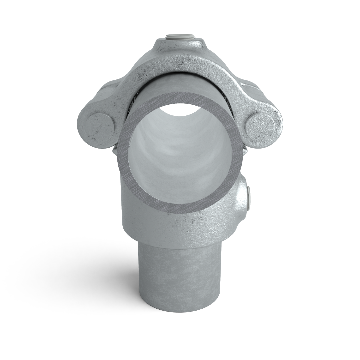 Buiskoppeling T-stuk klapbaar 48,3 mm - zijaanzicht met buizen (Steigerbuisstunter.nl)