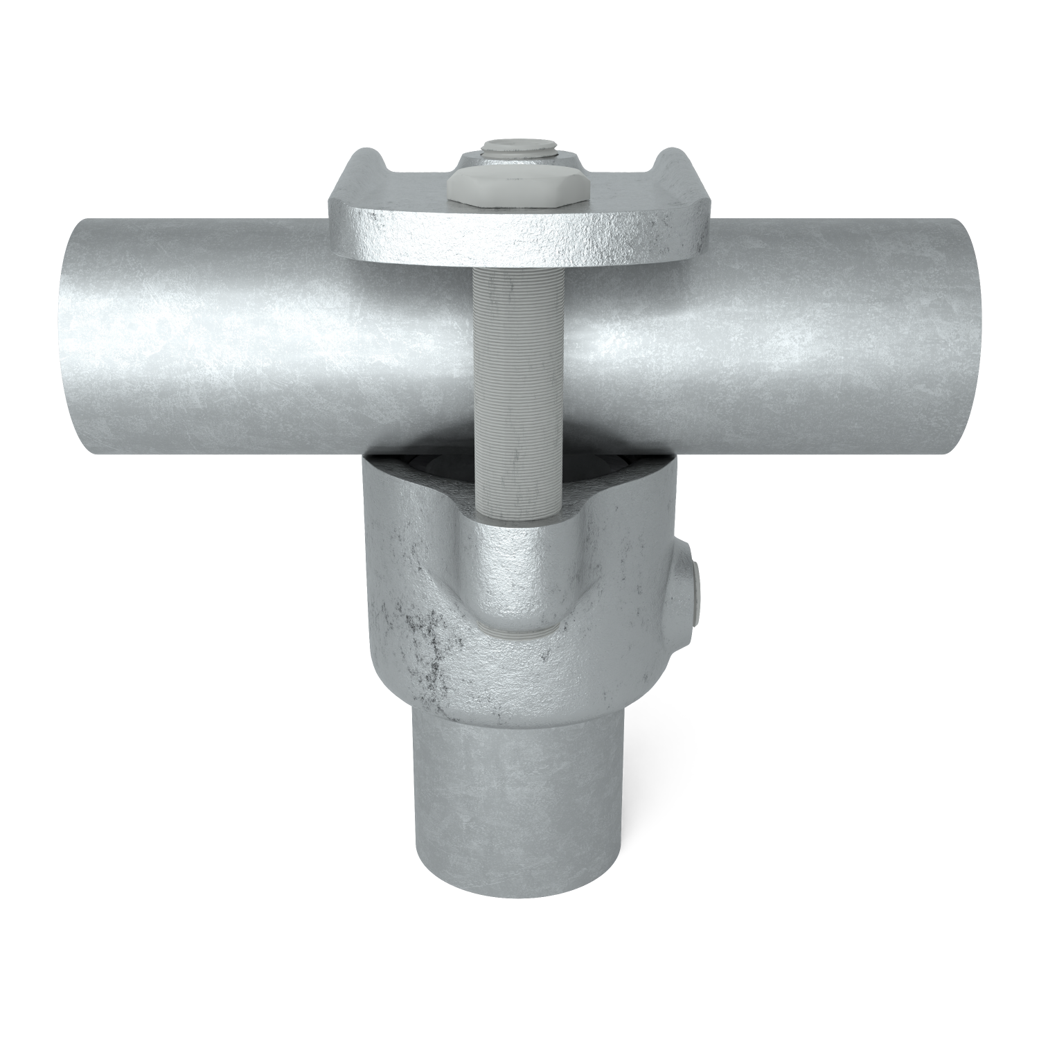 Buiskoppeling T-stuk open 48,3 mm - schuin aanzicht met buizen (Steigerbuisstunter.nl)