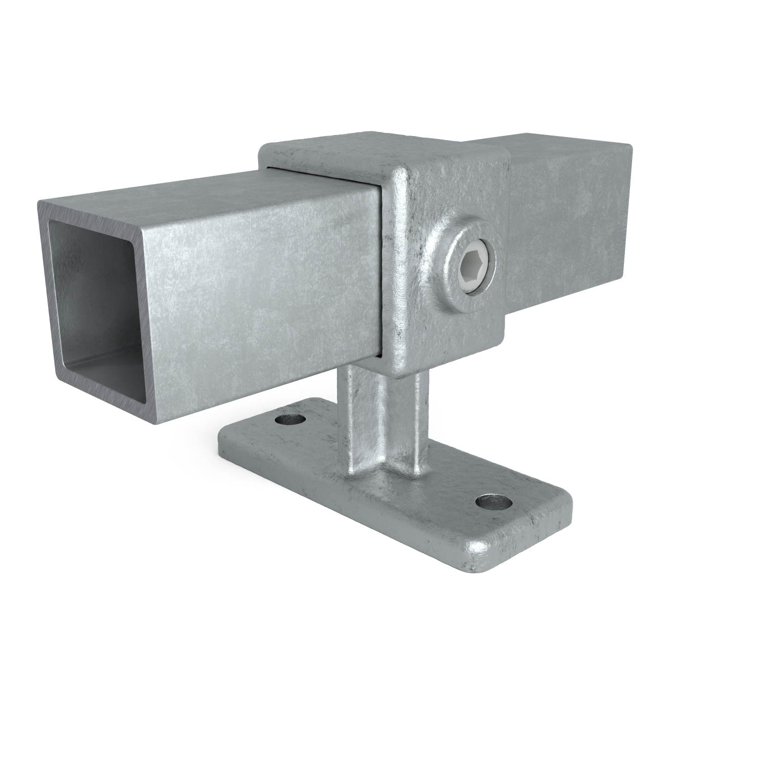Buiskoppeling Leuningdrager 40 mm vierkant - vooraanzicht met buizen (Steigerbuisstunter.nl)