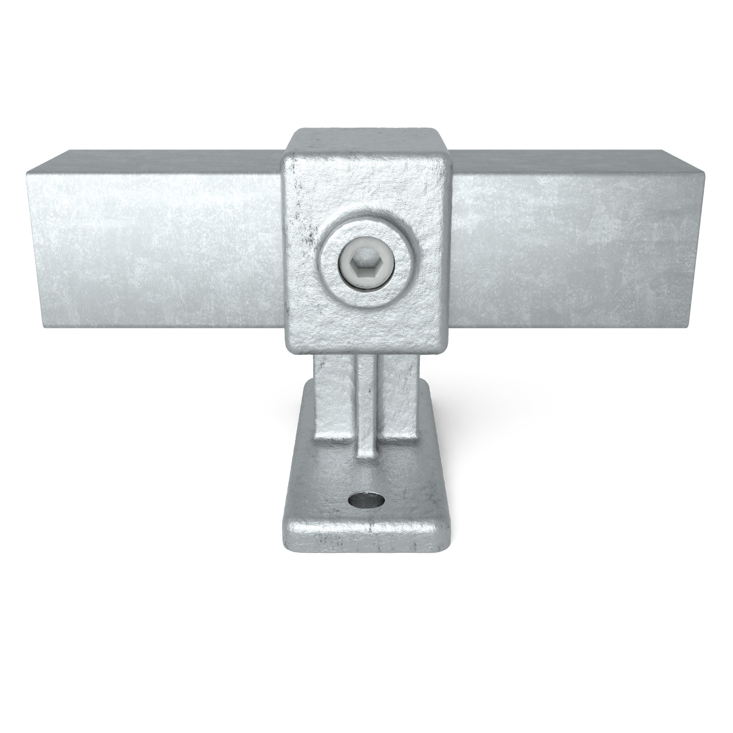 Buiskoppeling Leuningdrager 40 mm vierkant - schuin aanzicht met buizen (Steigerbuisstunter.nl)