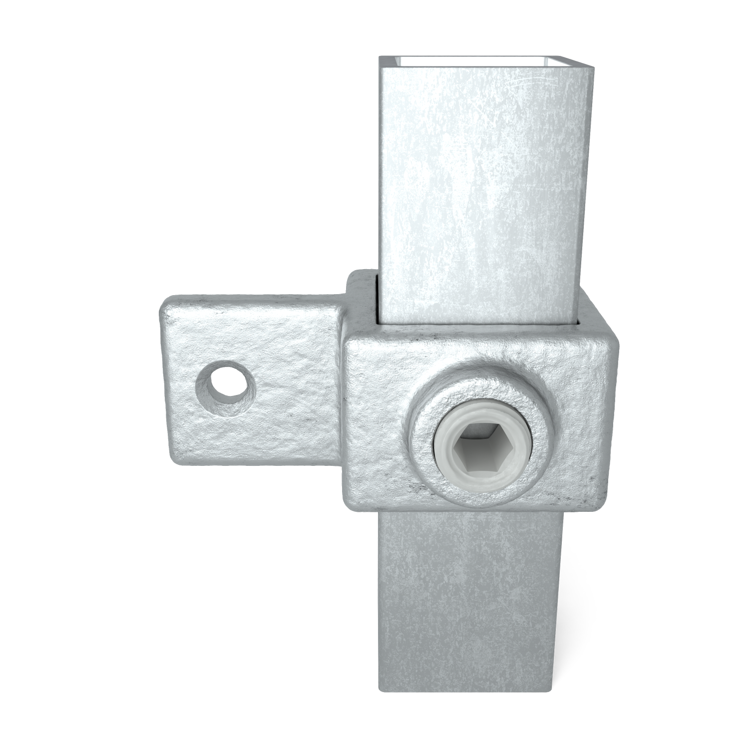 Buiskoppeling Oogdeel scharnierstuk 25 mm vierkant - vooraanzicht met buizen (Steigerbuisstunter.nl)