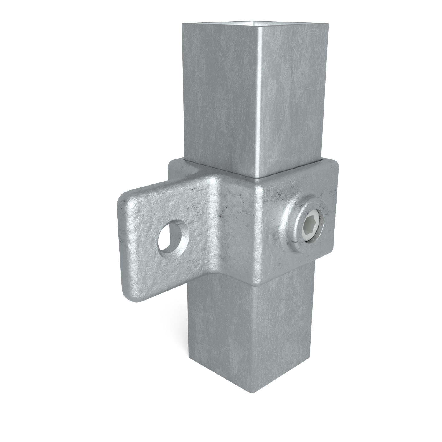 Buiskoppeling Oogdeel scharnierstuk 40 mm vierkant - schuin aanzicht met buizen (Steigerbuisstunter.nl)