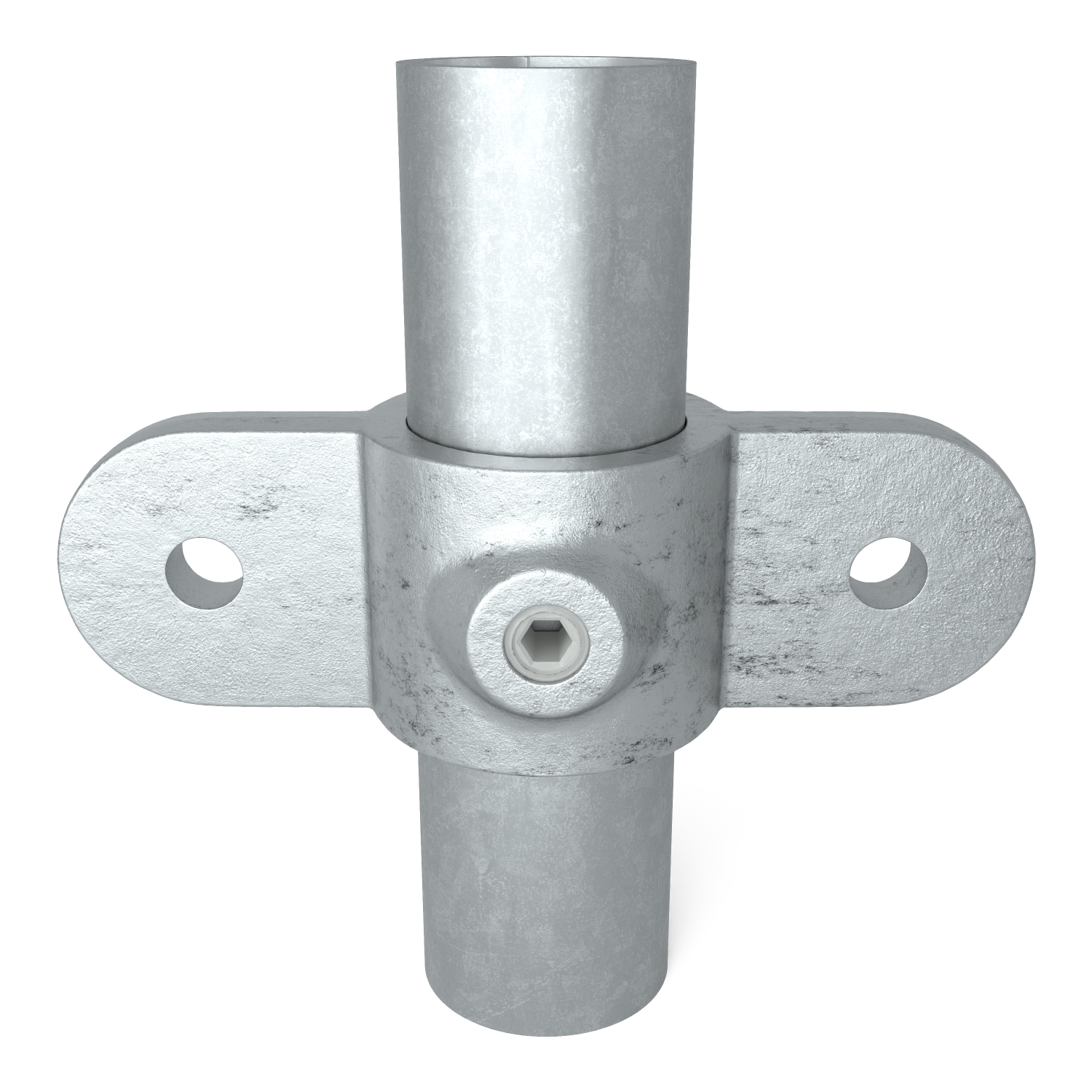 Buiskoppeling Oogdeel dubbel scharnierstuk 180º 60,3 mm - vooraanzicht met buizen (Steigerbuisstunter.nl)