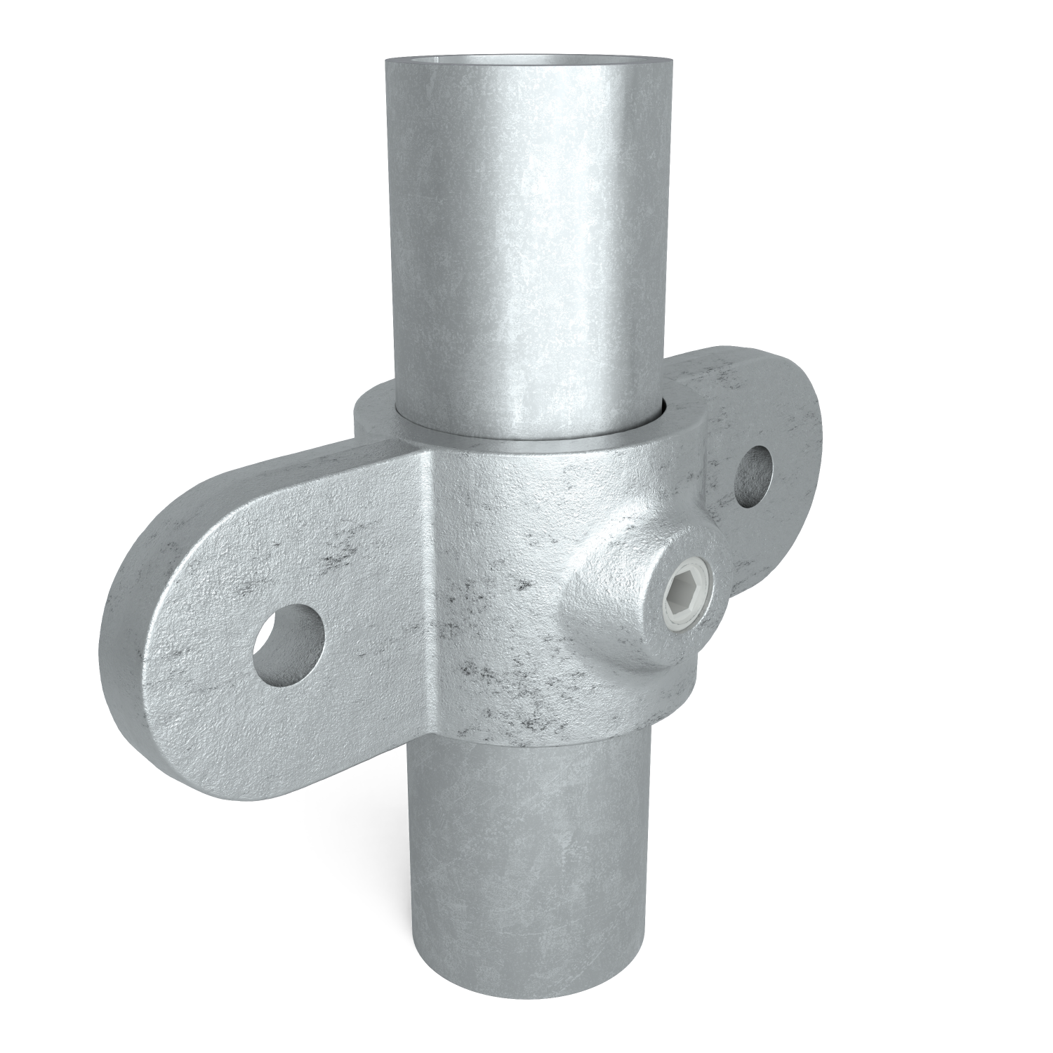 Buiskoppeling Oogdeel dubbel scharnierstuk 180º 60,3 mm - schuin aanzicht met buizen (Steigerbuisstunter.nl)