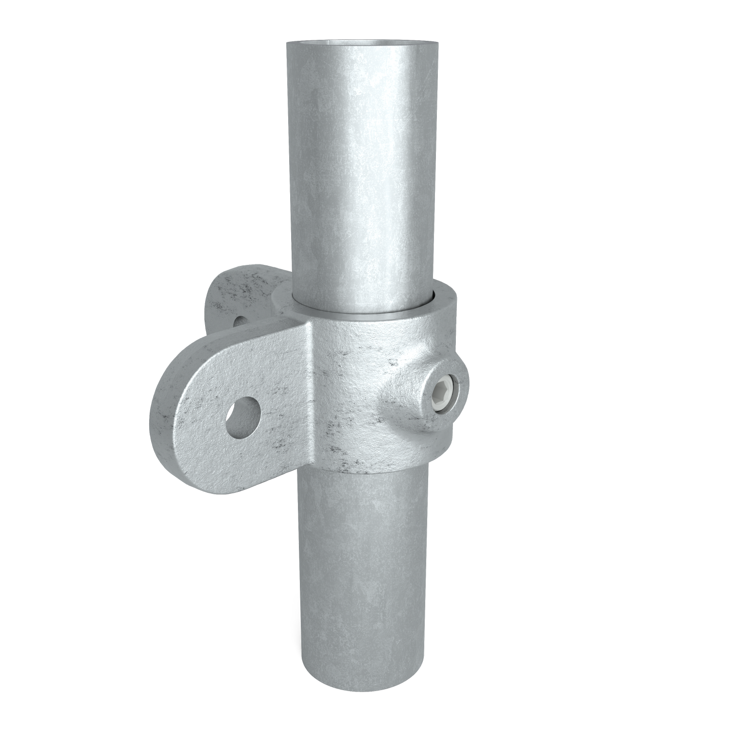 Buiskoppeling Oogdeel dubbel scharnierstuk 90º 42,4 mm - schuin aanzicht met buizen (Steigerbuisstunter.nl)