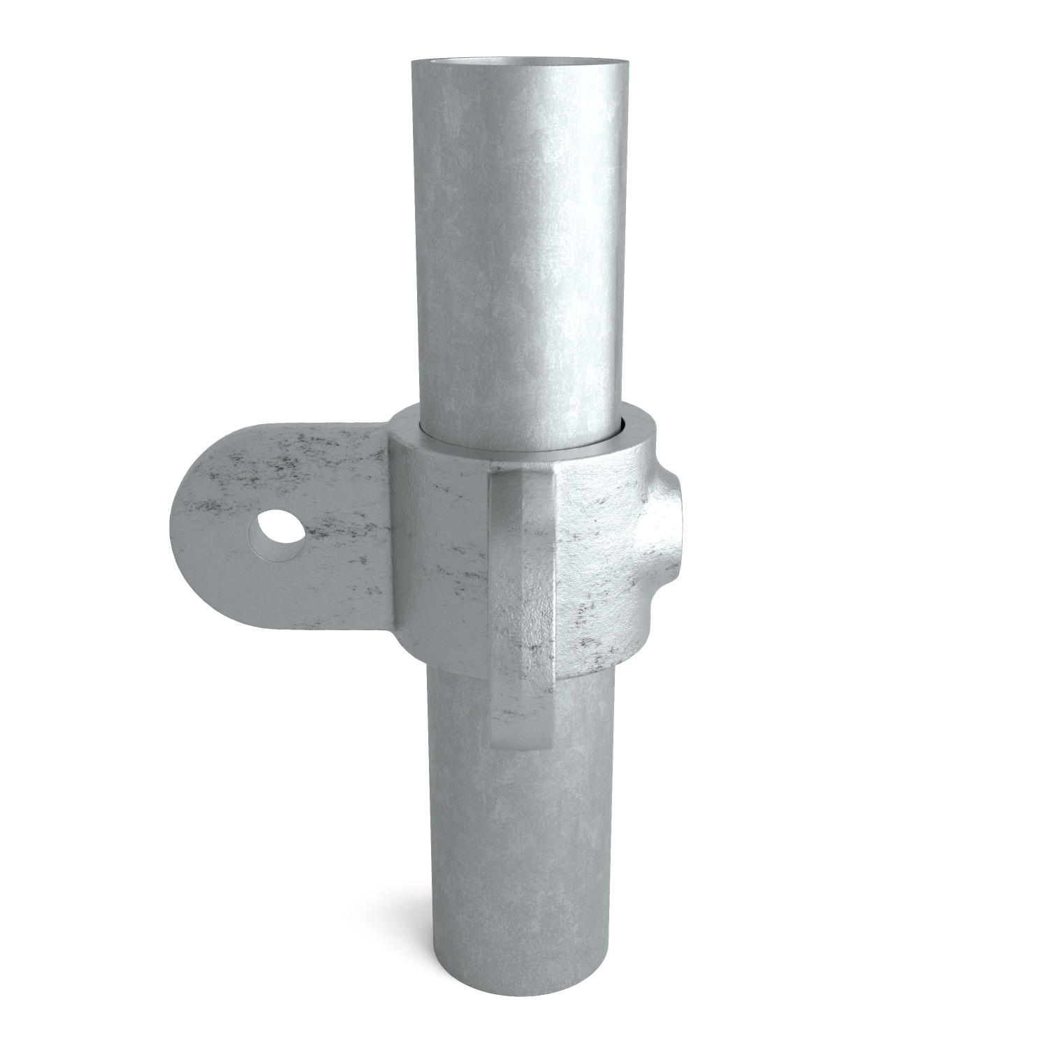 Buiskoppeling Oogdeel dubbel scharnierstuk 90º 42,4 mm - zijaanzicht met buizen (Steigerbuisstunter.nl)