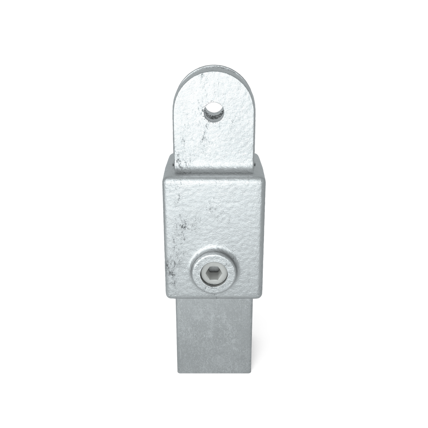 Buiskoppeling Hulsdeel scharnierstuk 40 mm vierkant - vooraanzicht met buizen (Steigerbuisstunter.nl)