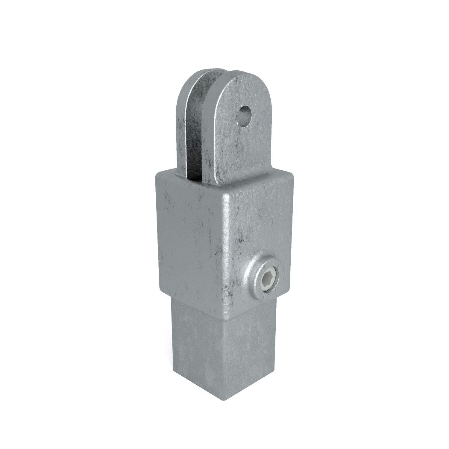 Buiskoppeling Hulsdeel scharnierstuk 40 mm vierkant - schuin aanzicht met buizen (Steigerbuisstunter.nl)