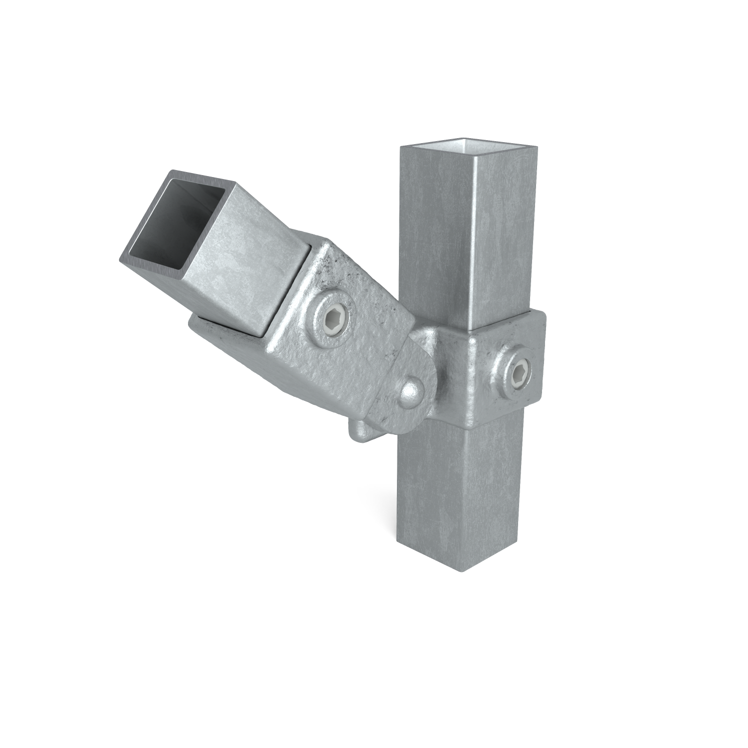 Buiskoppeling Scharnierstuk enkel 40 mm vierkant - schuin aanzicht met buizen (Steigerbuisstunter.nl)