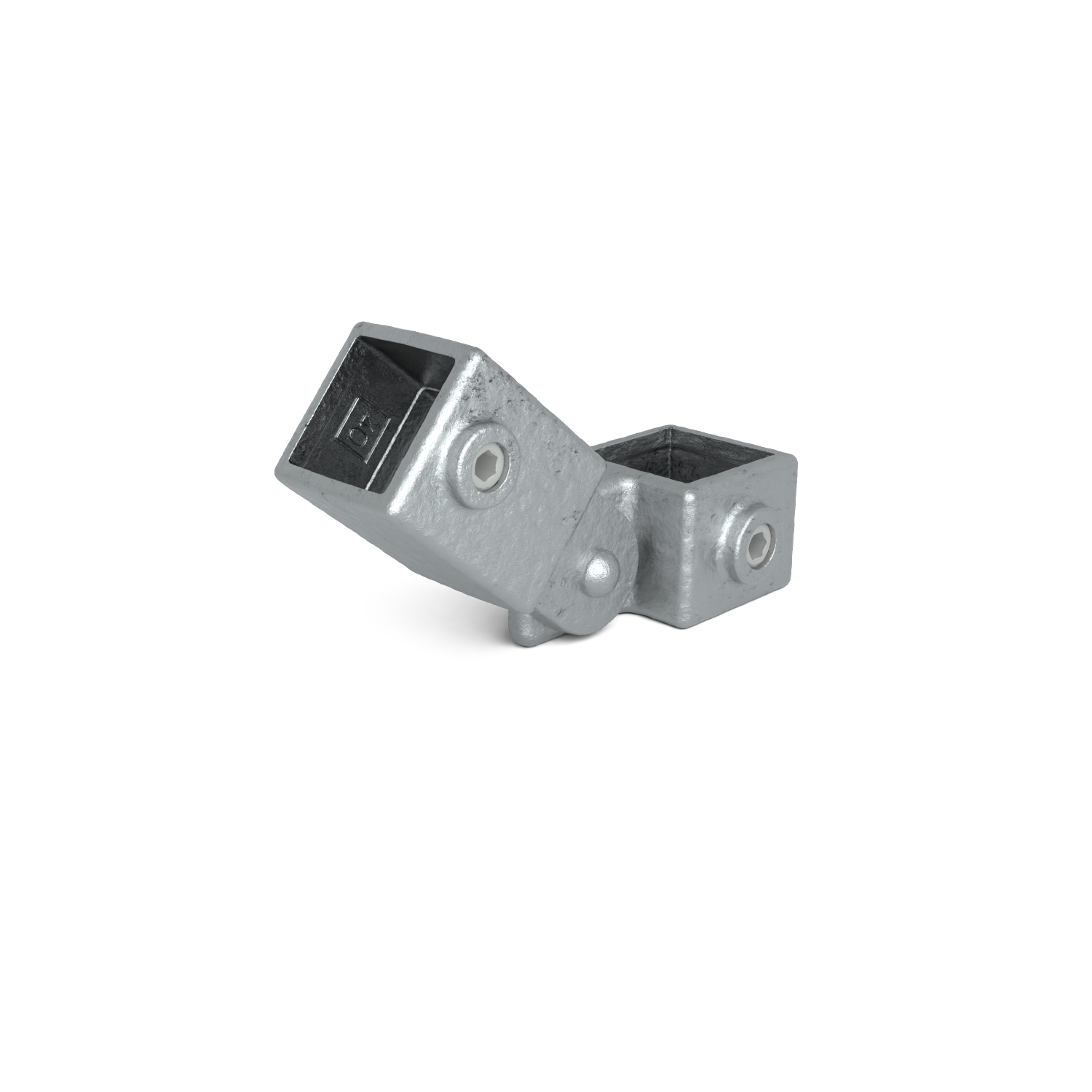 Buiskoppeling Scharnierstuk enkel 40 mm vierkant - schuin aanzicht buiskoppeling (Steigerbuisstunter.nl)