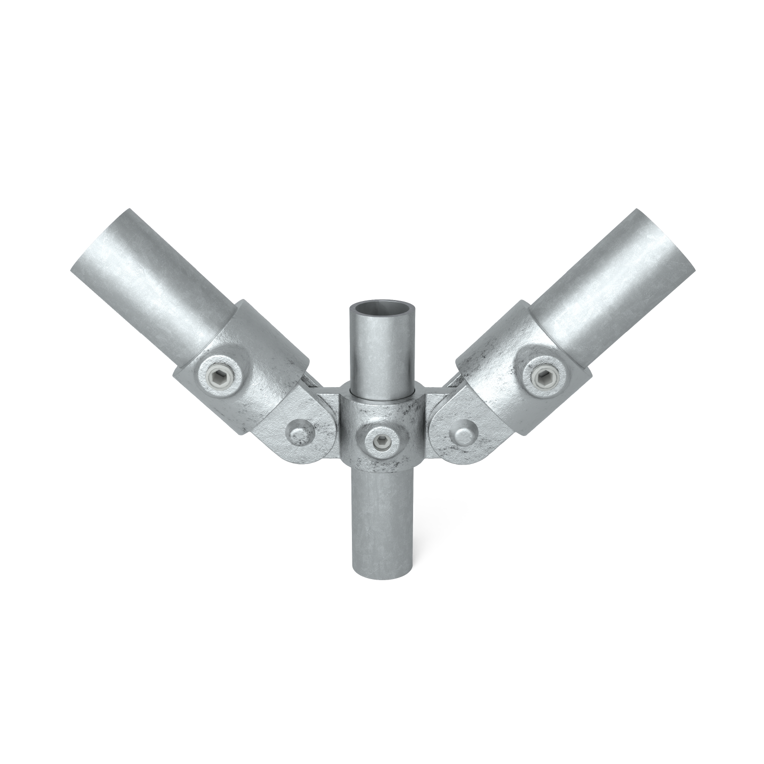 Buiskoppeling Scharnierstuk dubbel 48,3 mm - vooraanzicht met buizen (Steigerbuisstunter.nl)