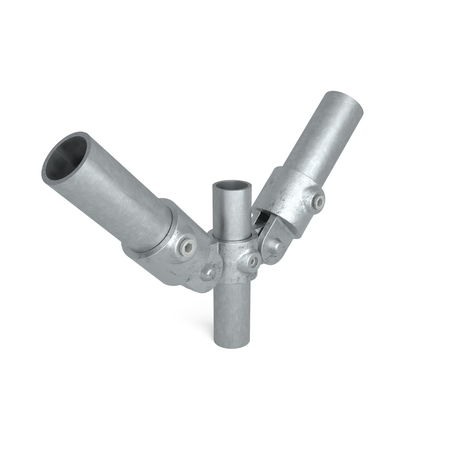 Buiskoppeling Scharnierstuk dubbel 33,7 mm - schuin aanzicht met buizen (Steigerbuisstunter.nl)