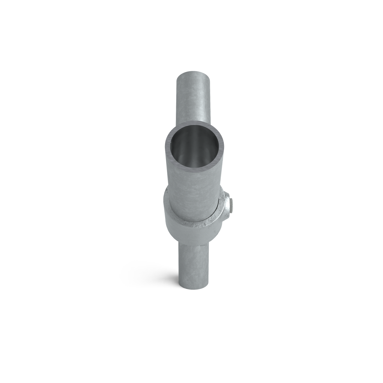 Buiskoppeling Scharnierstuk dubbel 48,3 mm - zijaanzicht met buizen (Steigerbuisstunter.nl)