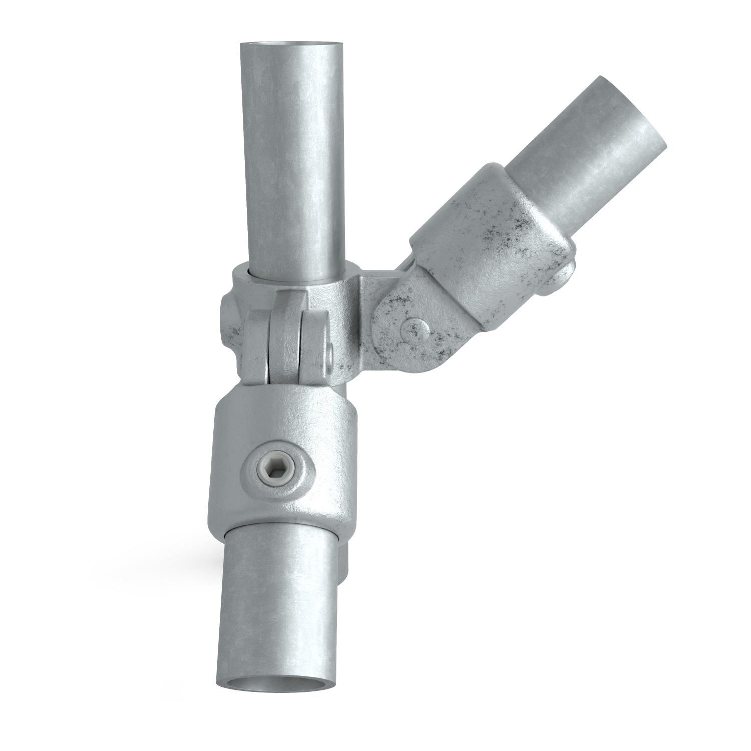 Buiskoppeling Scharnierstuk 90º dubbel 60,3 mm - schuin aanzicht met buizen (Steigerbuisstunter.nl)