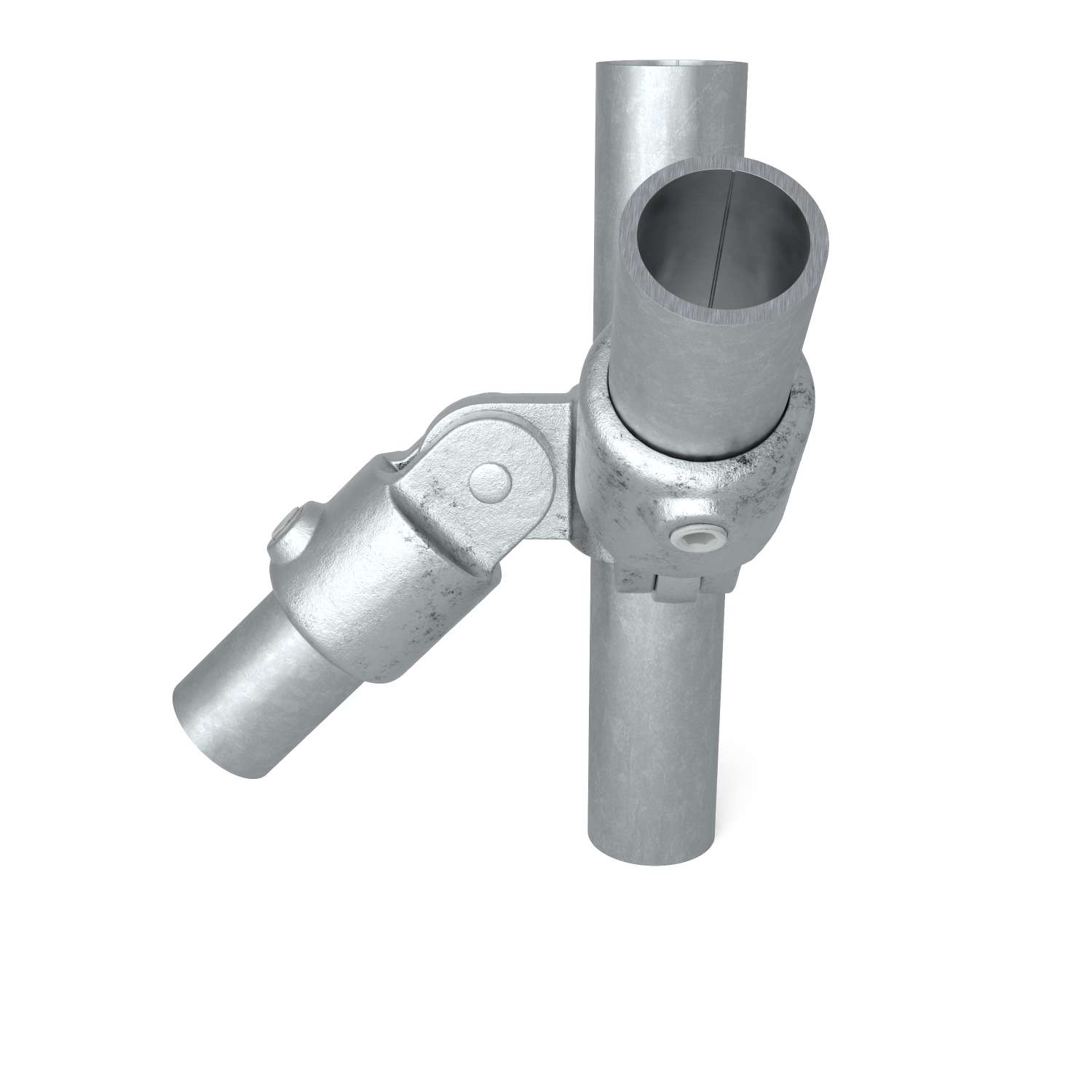 Buiskoppeling Scharnierstuk 90º dubbel 26,9 mm - zijaanzicht met buizen (Steigerbuisstunter.nl)