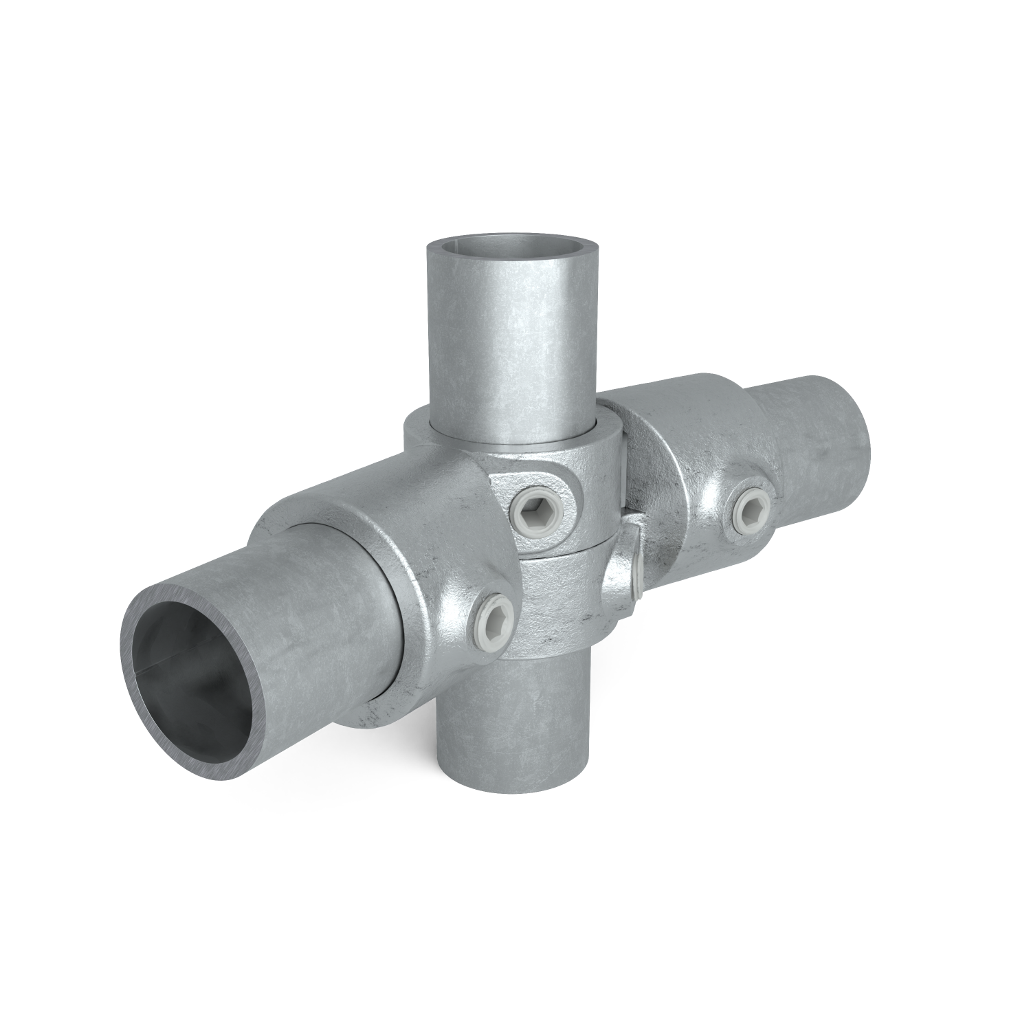 Buiskoppeling Verstelbaar hoekstuk 90º - 240º 33,7 mm - 1 stuk - schuin aanzicht met buizen (Steigerbuisstunter.nl)