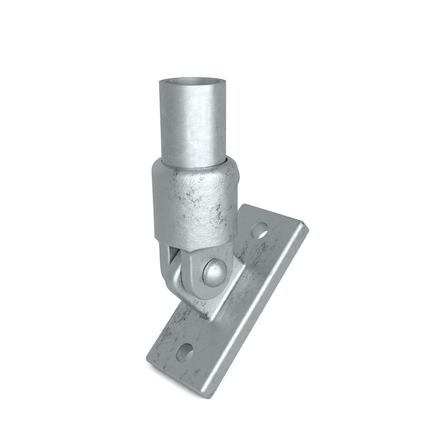 Buiskoppeling Scharniervoet 48,3 mm - schuin aanzicht met buizen (Steigerbuisstunter.nl)