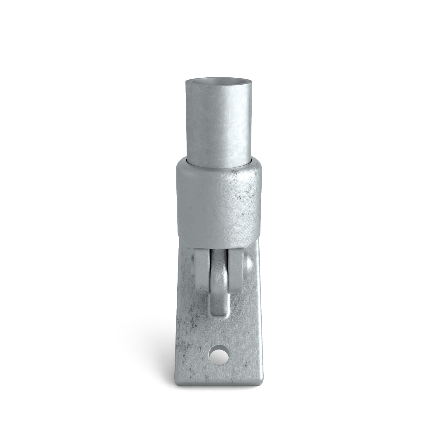 Buiskoppeling Scharniervoet 48,3 mm - zijaanzicht met buizen (Steigerbuisstunter.nl)