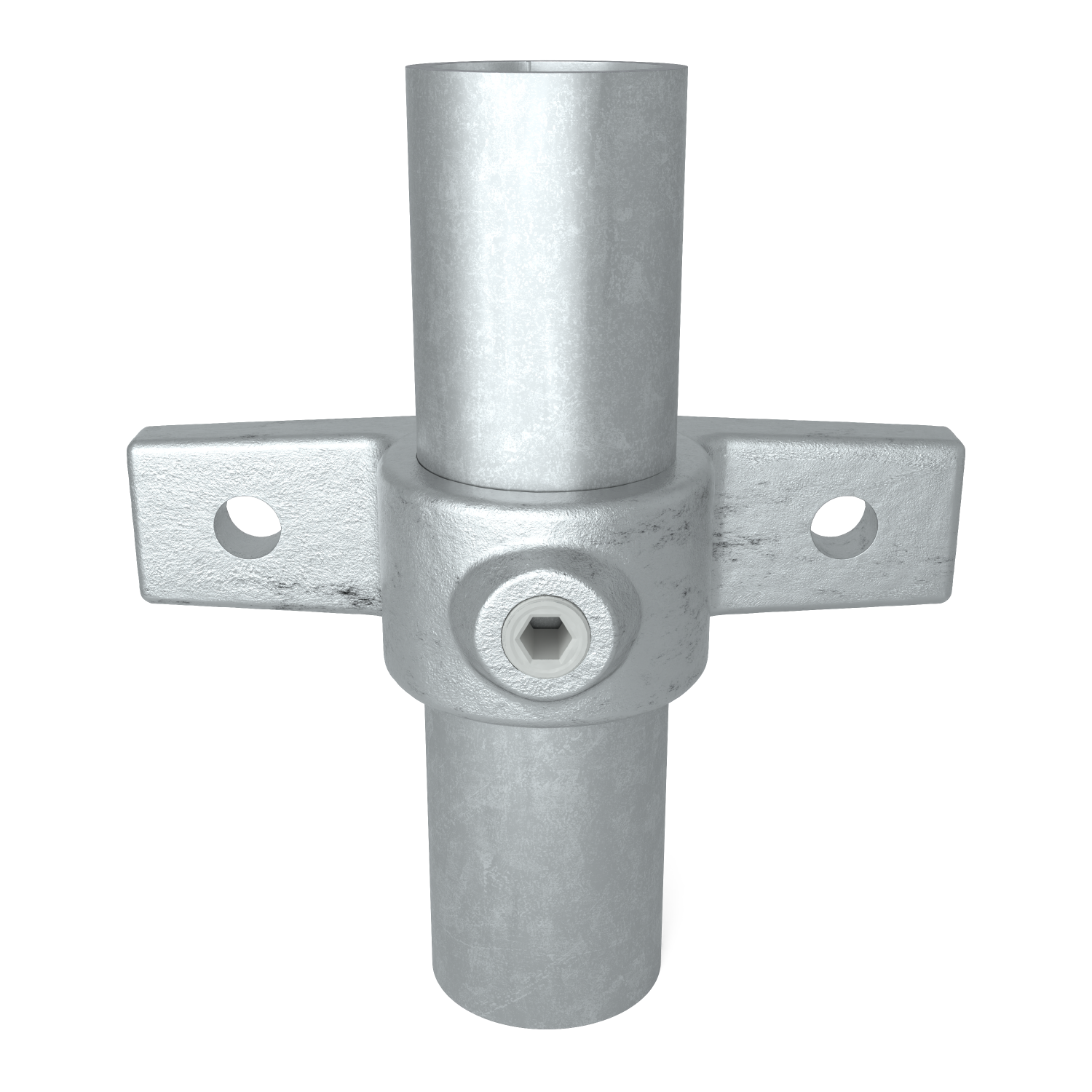 Buiskoppeling Bevestigingsring dubbel 42,4 mm - vooraanzicht met buizen (Steigerbuisstunter.nl)
