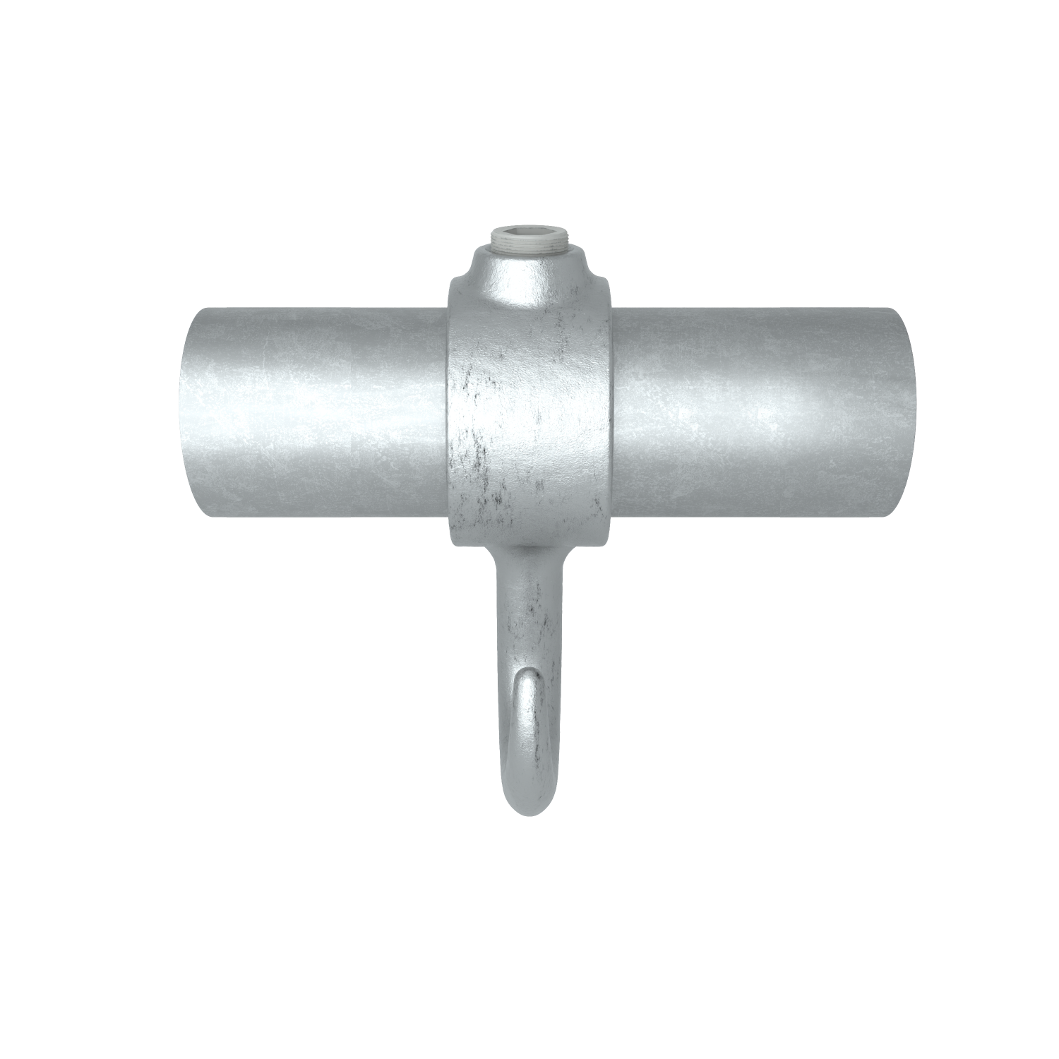 Buiskoppeling Kapstokhaak 42,4 mm - schuin aanzicht met buizen (Steigerbuisstunter.nl)