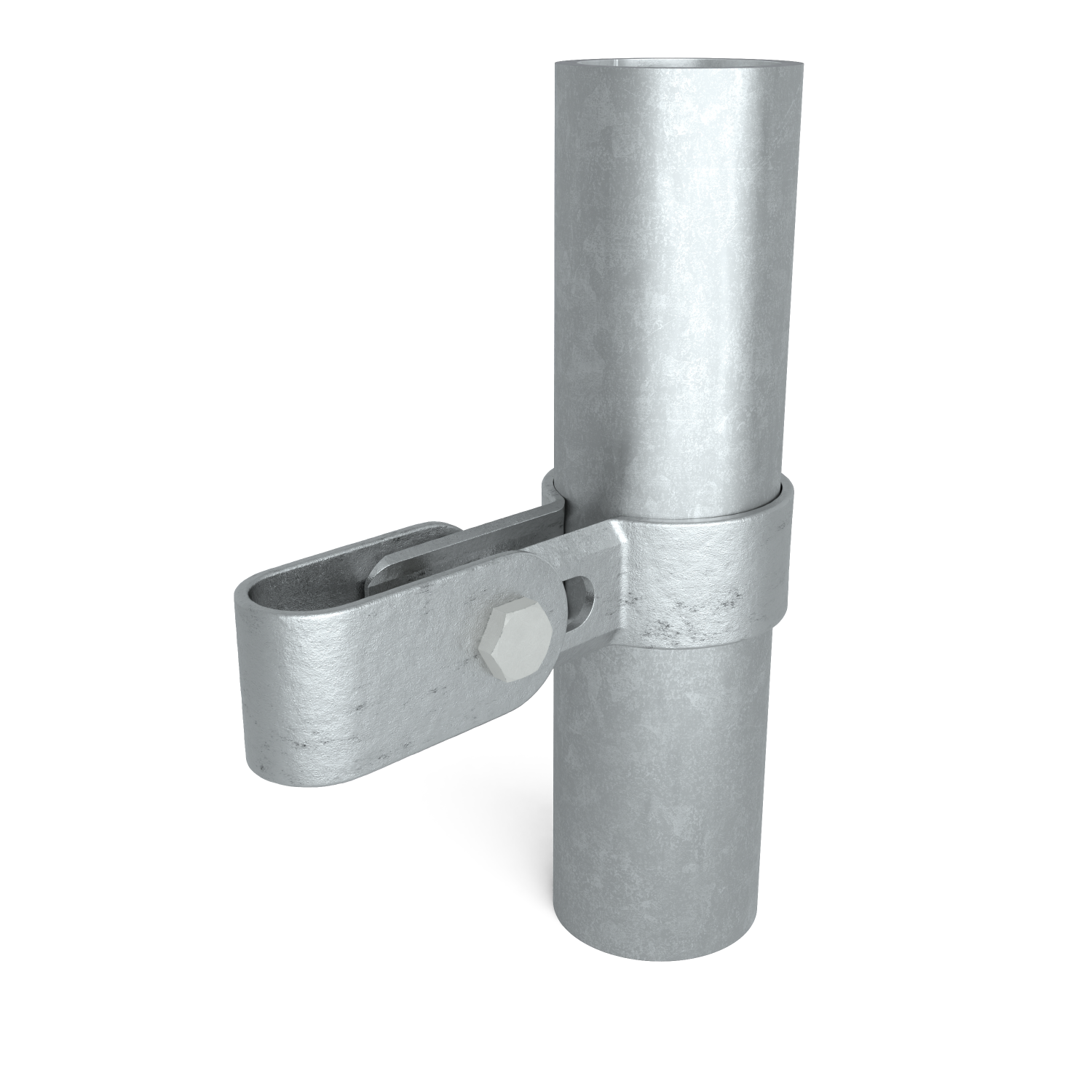 Buiskoppeling Gaasclip enkel 33,7 mm - schuin aanzicht met buizen (Steigerbuisstunter.nl)