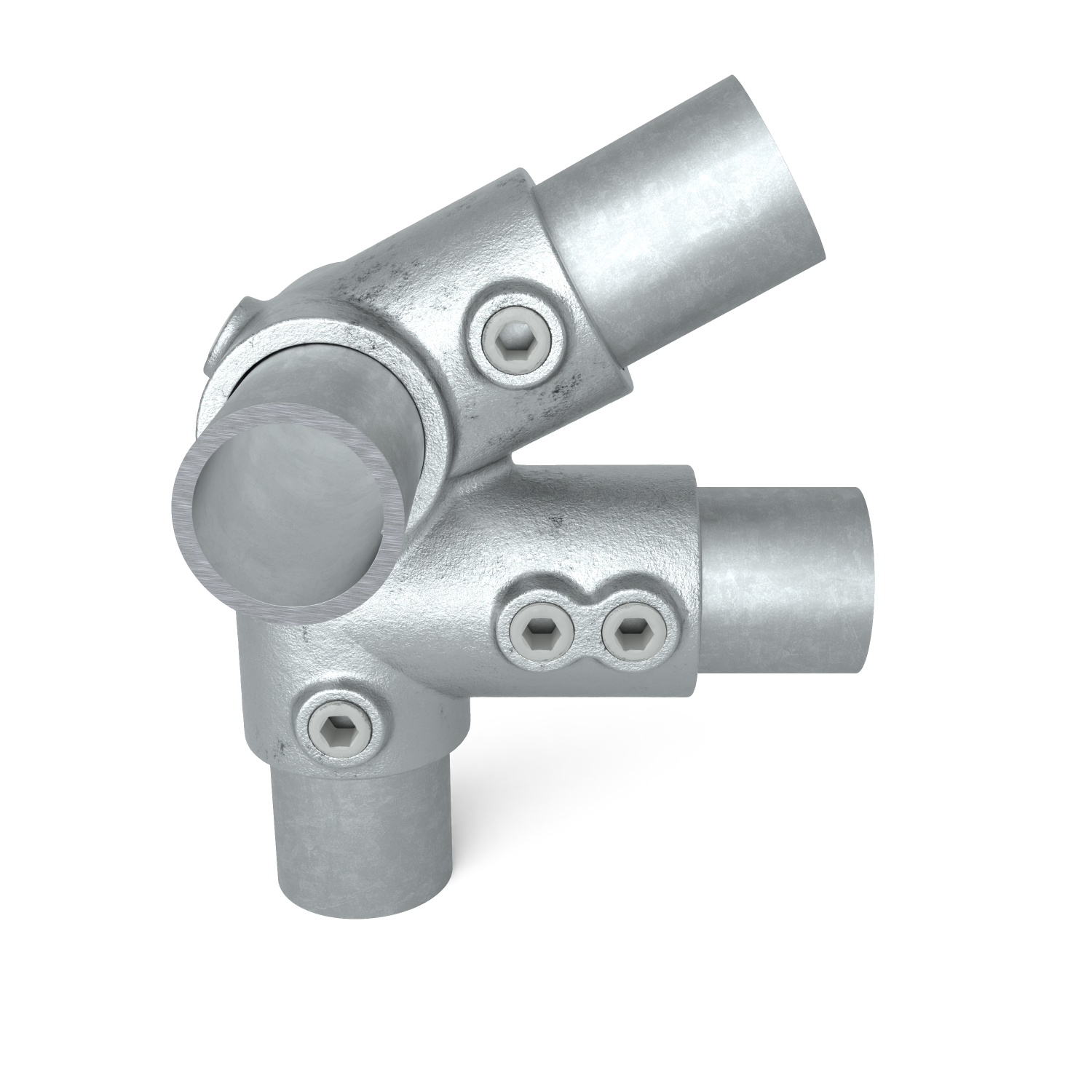 Buiskoppeling Kniestuk dakrand 48,3 mm - vooraanzicht met buizen (Steigerbuisstunter.nl)