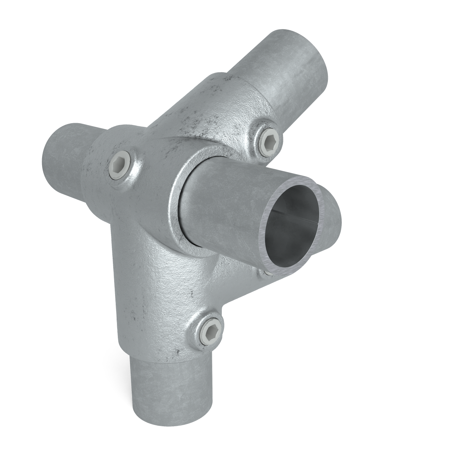 Buiskoppeling Kniestuk dakrand 26,9 mm - schuin aanzicht met buizen (Steigerbuisstunter.nl)