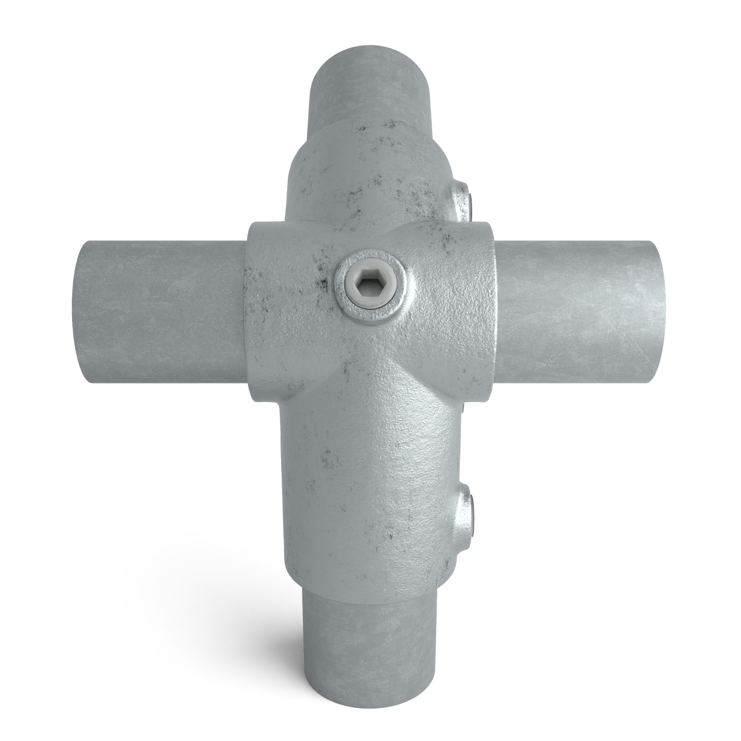 Buiskoppeling Kniestuk dakrand 48,3 mm - zijaanzicht met buizen (Steigerbuisstunter.nl)