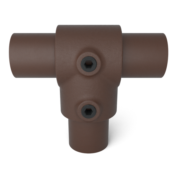 Buiskoppeling T-stuk kort vintage 33,7 mm - vooraanzicht met buizen (Steigerbuisstunter.nl)