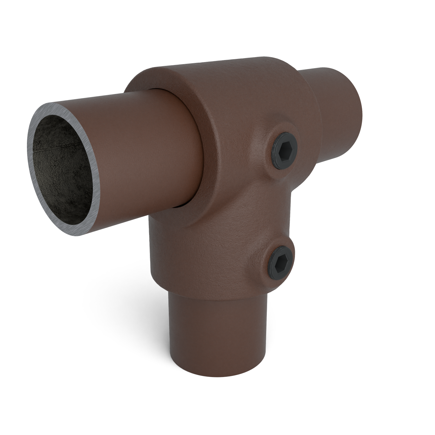 Buiskoppeling T-stuk kort vintage 26,9 mm - schuin aanzicht met buizen (Steigerbuisstunter.nl)